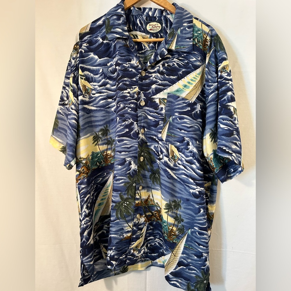 Vintage 90’s Tommy Bahama Rayon Spell Out Sail Hawaiian Shirt Size XL